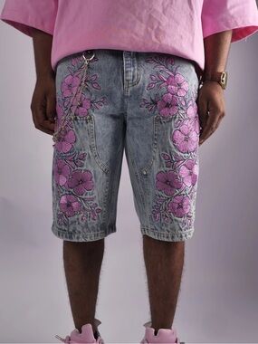 WATSON FLORAL LIGHT WASH DENIM CARPENTER SHORTS